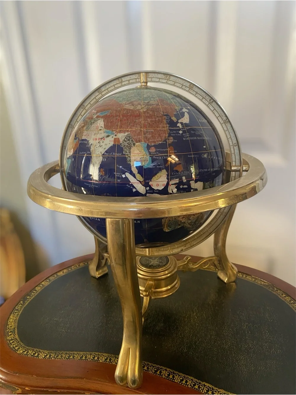 Lapis Gemstone Glob Compassion Decorative Globe W/Brass Tripod Base